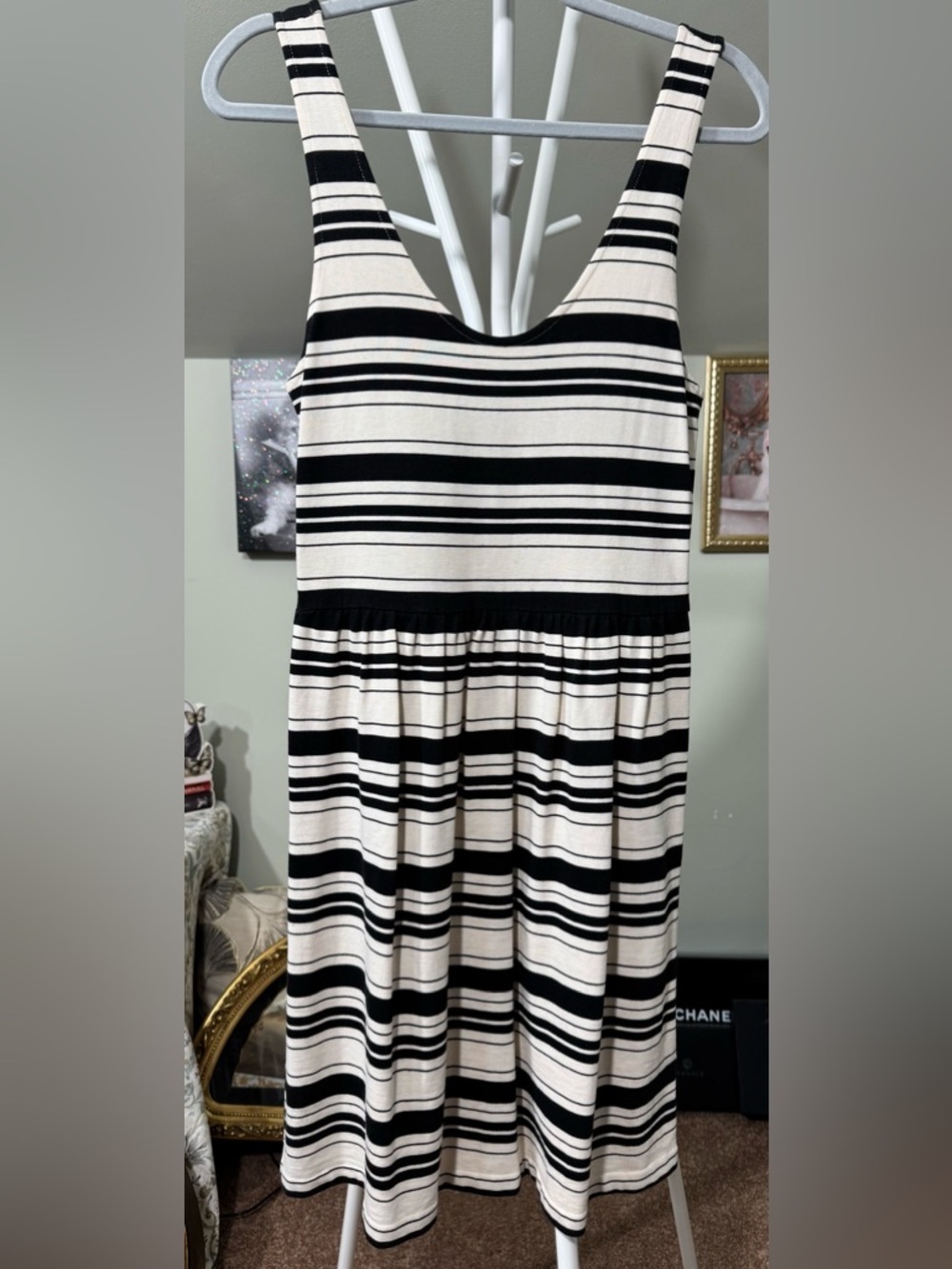 Adorable NWOT J. Crew Black and Cream Striped Mini Sun Dress Button Back